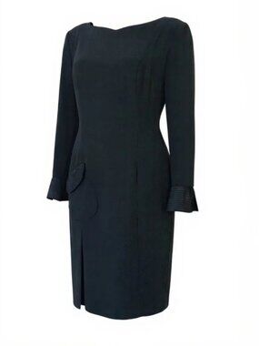 Vintage 1980s Bill Blass Black Sculptural Cuff & Pocket Sheath Dress - Size 8
